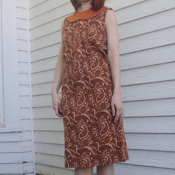 60s Mod Print Dress Rust Spice S Vintage Mary Dobb - Picture 6 of 7